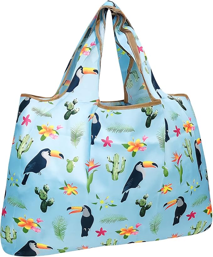 allydrew Large Foldable Tote Nylon Reusable Grocery Bags, Toucan & Cacti by allydrew