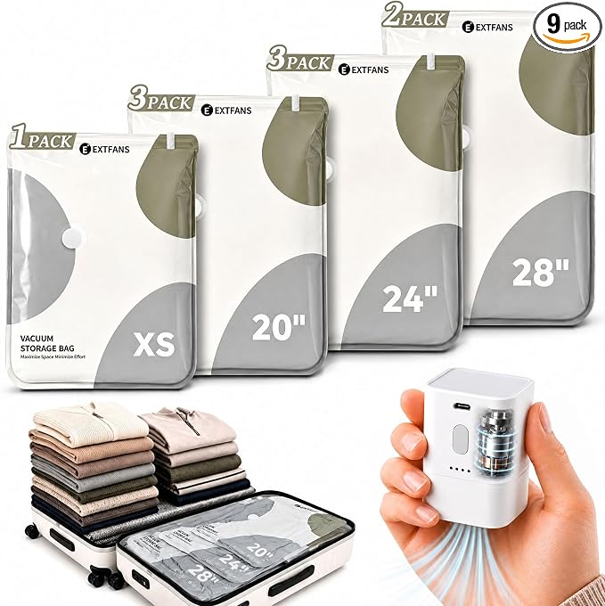 Travel Vacuum Bags with Electric Pump: 9 Pack XS/S/M/L Vacuum Seal Bags | up to 80% Space Saver Compression Packing Bags for Suitcase, Carry-On, Cruise, Dorm & Seasonal Storage by EXTFANS