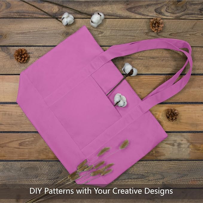 TOPDesign 6-Pack Canvas Tote Bags with an External Pocket, Reusable Grocery Shopping Bags, Top Zipper Closure, Daily Essentials (Light Purple) - Image 4