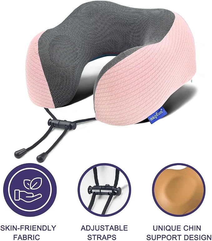 napfun Neck Pillow for Travel with Travel Pouch, Sleep Mask & Earplugs, Memory Foam Airplane Pillow for Headrest Sleep with Eyeshades, Plane Essentials with Eye Blindfold, Pink Striped Kit - Image 3