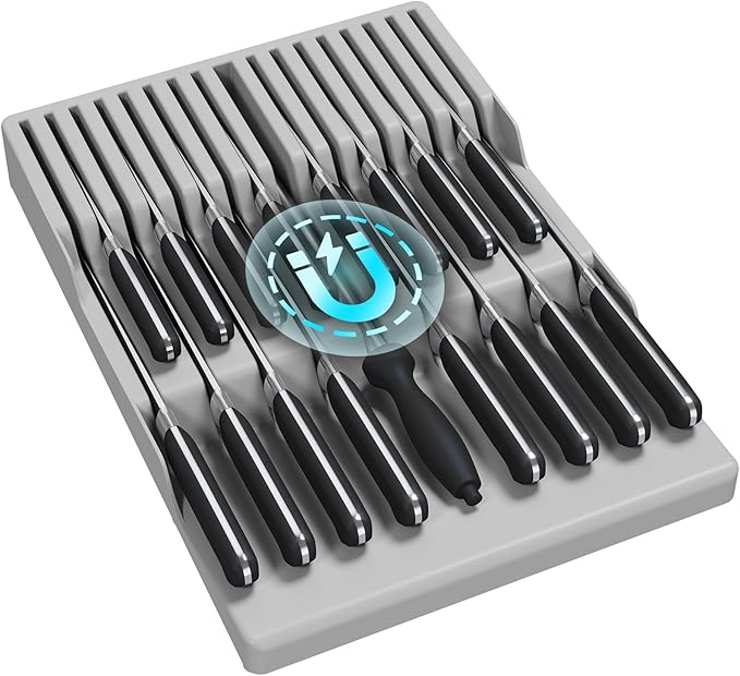 Lifewit Magnetic Drawer Knife Organizers Insert Pastic for 16 Knives, Gray | Kitchen Plastic In Drawer Knife Block Slots, Steak Chefs Knives Holder Storage for 16 Knives and 1 Sharpening Steel 16.5" by Lifewit