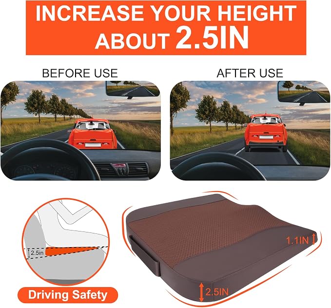 Lofty Aim Car Seat Cushion, Memory Foam Car Seat Cushions for Long Driving | Comfy Car Seat Pillow for Pain Relief, Driver Seat Cushion Adds Height, Butt Cushion for Car, Truck, Office Chair, Brown - Image 3