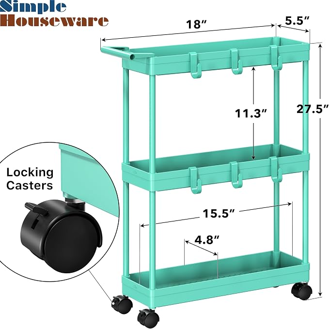 Simple Houseware 3-Tier Slim Rolling Cart w/Handle 5.5" Wx27.5 H, Turquoise | Storage Cart for Narrow Space (5.5-Inch Wide) Kitchen, Bathroom, Laundry Room - Image 3