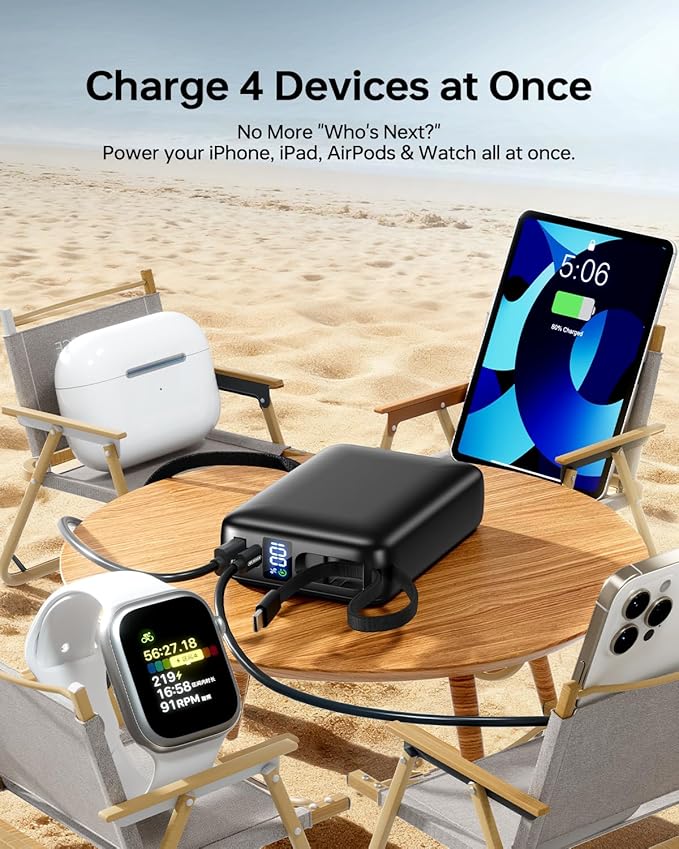 Portable Charger 50000mAh, 22.5W Fast Charge Power Bank Built-in 2 Cables | Pocket‑Friendly Portable Phone Charger for iPhone/iPad/Android/Samsung Galaxy Travel & Camping Essential (Carbon Black) - Image 3