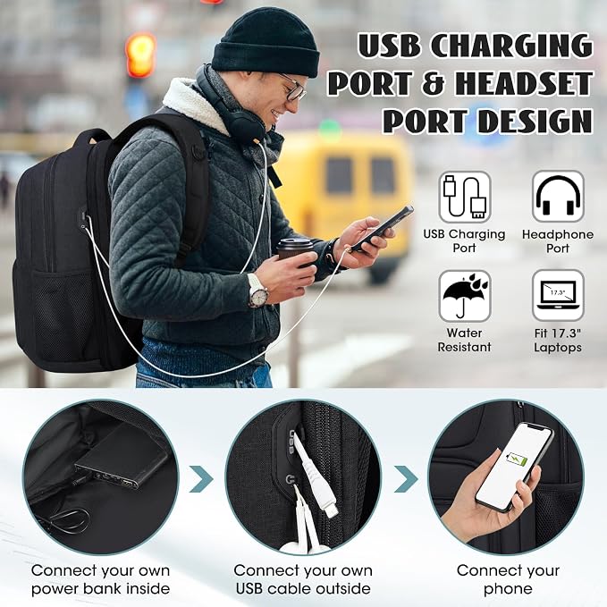 Travel Laptop Backpack, 17 Inch Extra Large Laptop Backpack with USB Charging Hole 45L Anti Theft Travel Backpack Water Resistant College Business Computer Bag Fit 17.3 Inch Laptop for Men Women Black - Image 3