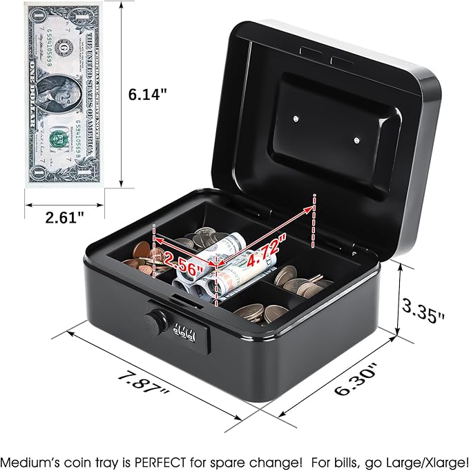 KYODOLED Cash Box with Combination Lock Safe Metal Money Box with Money Tray for Security Lock Box 7.87"x 6.30"x 3.35" Black - Image 2