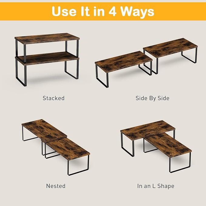 OGEMXU Cabinet Shelf Organizers, 15.7 inches Large Kitchen Counter Shelf, Set of 4 Wood Kitchen Pantry Organizer, Storage Shelves for Countertop, Spice Rack, Stackable, Expandable, Metal Black, Brown - Image 8