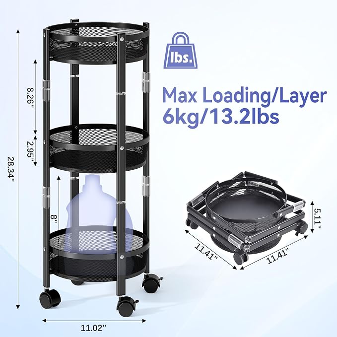 TOOLF 3 Tier Foldable Rolling Cart, Metal Utility Storage Cart, Black | Assembly-Free, Lockable Wheels, Round Trolley Organizer for Bathroom, Kitchen, Office, Dorm, Laundry, Craft Room - Image 2