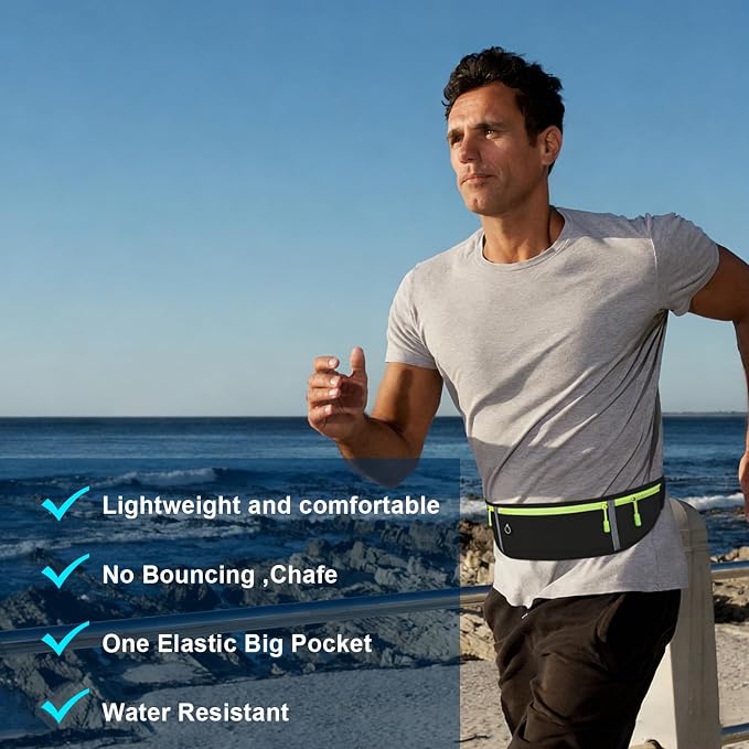 Slim Running Belt for Women Men,Runners Fanny Pack Phone Holder,Money Belt,Running Gear Accessories,with 3 Pockets (Green-black) - Image 7