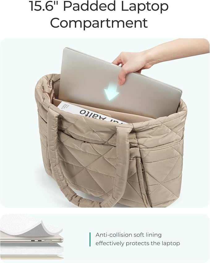 BAGSMART Tote Bag for Women, Puffer Tote Bag with Zipper, Large Quilted Shoulder Bag with Compartments for Travel, Work, Gym - Image 8