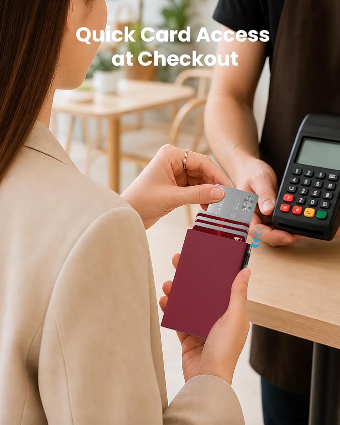 Small Wallet for Women: Slim Pop-Up Card Holder with RFID Blocking, ID Window and Cash Slot for Small Bags, Wine Red - Image 6