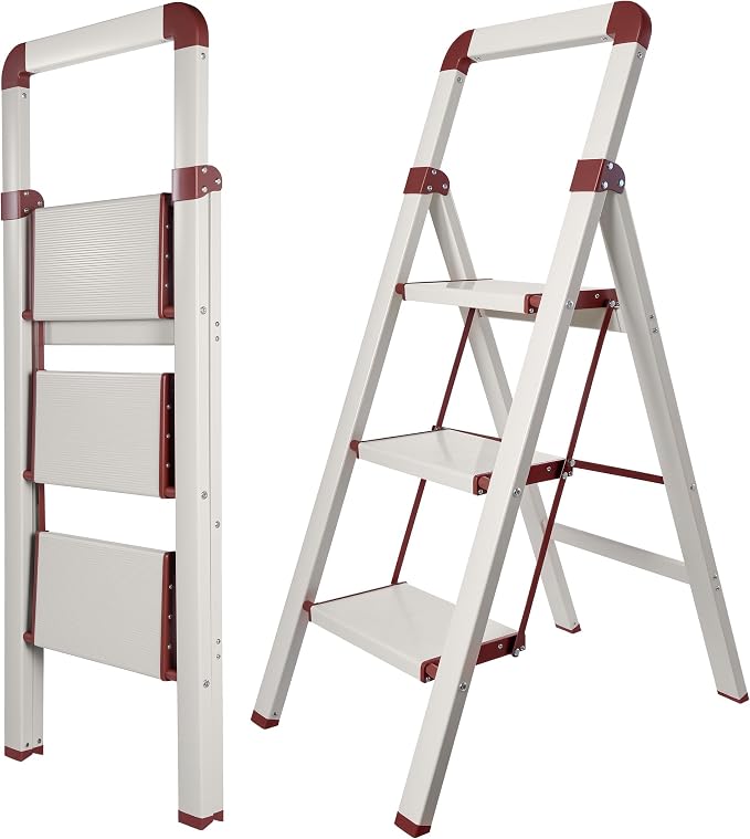 Step Ladder 3-Step White Finish Aluminum Iron Folding Ladders | Anti-slip Sturdy Foldable Ladder Step Stool for Kitchen Home Office Libaray by BIBKOKE