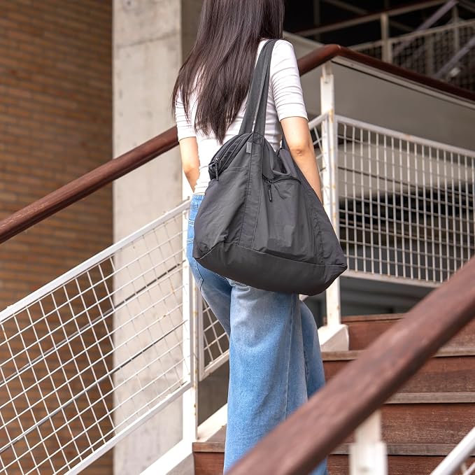 Ultra Light Packable Tote Bag Nylon for Travel, Lightweight Polyester Foldable Duffel Totes with Zipper, 25L Collapsible Compact Dark Grey - Image 2