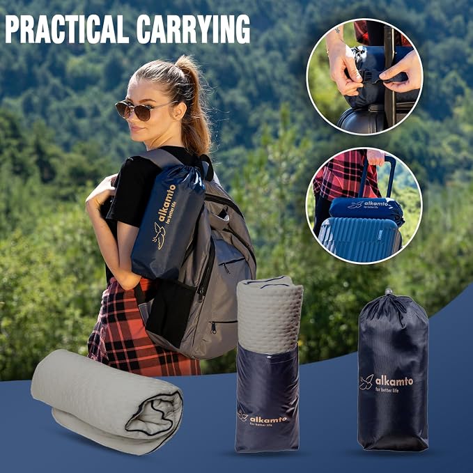 alkamto Travel & Camping Comfortable Memory Foam Pillow – Easy to Carry Portable Bag – Temperature Regulating Pillow Case (Grey Contour + Extra Cover) - Image 3