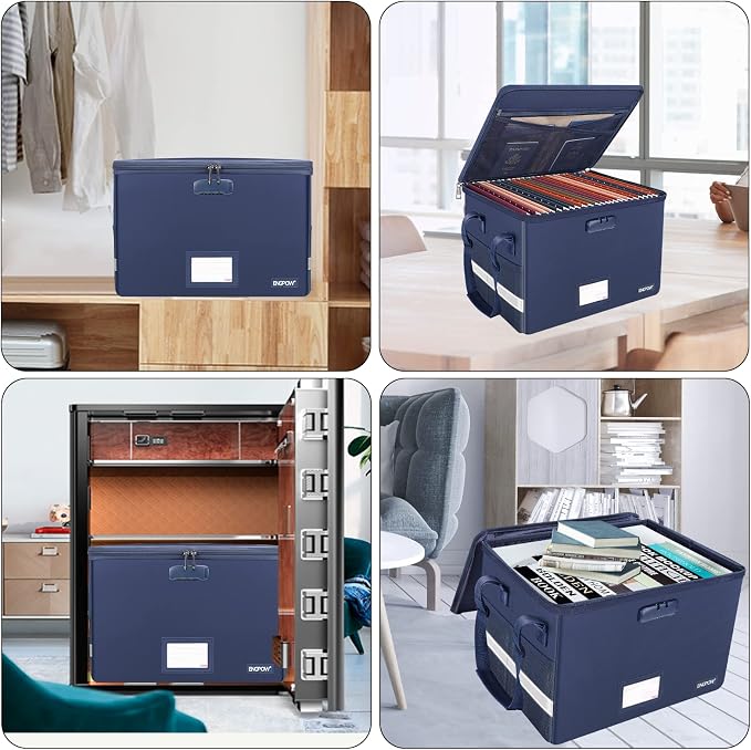 ENGPOW File Box with Lock, Fireproof Document Box with Zipper＆Pockets, Collapsible File Organizer Filing Storage Cabinet with Handle, Portable Home Office Safe for Hanging Letter/Legal Folder, Blue - Image 2