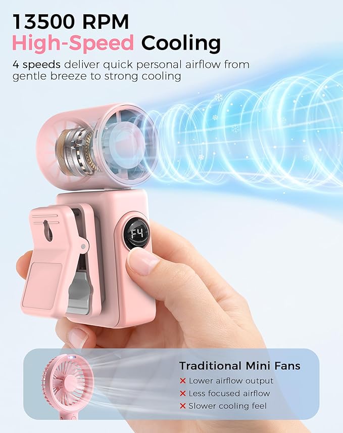 Hotsales Clip-On Portable Fan 2-Pack, 13500 RPM High-Speed Rechargeable Handheld Mini Fan, LED Display, 360° Rotating Detachable Clip, Stroller Fan for Baby, Travel Essentials, Gifts for Women & Men - Image 3