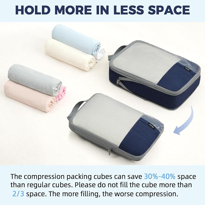 BAGAIL Lightweight Compression Packing Cubes for Travel, 6 Set, Navy | Salis Nylon Fabric,Anti-Tearing,Save Space,SBS Zippers,Packing List,PVC Tag Pocket,Custom Labels,Visible Mesh,Portable Handel - Image 7
