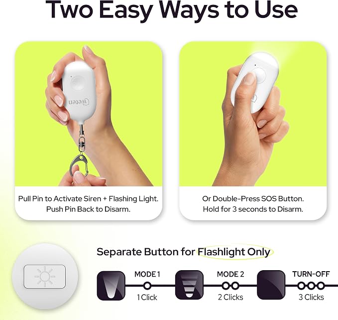 Rechargeable Personal Alarm Keychain, 130dB Siren, LED Light, White | Stylish Personal Safety Alert for Women to Carry, Panic Button Alarm for Security - Image 3