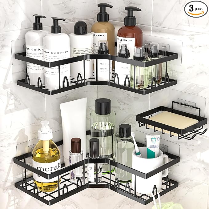 Shower Shelf Corner, Adhesive Shower Caddy Rustproof, Shower Shelves Corner with Soap Holder, No Drilling Shower Corner Organizer for Dorm, Renters Bathroom, Black, 3 Pack by Dimyno