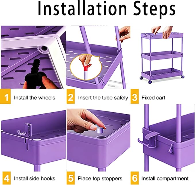 Slim Storage Cart 3 Tier,Bathroom Organizer Rolling Utility,Mobile Shelving Unit Slide Out for Office, Kitchen, Laundry Room & Narrow Places,Purple - Image 3