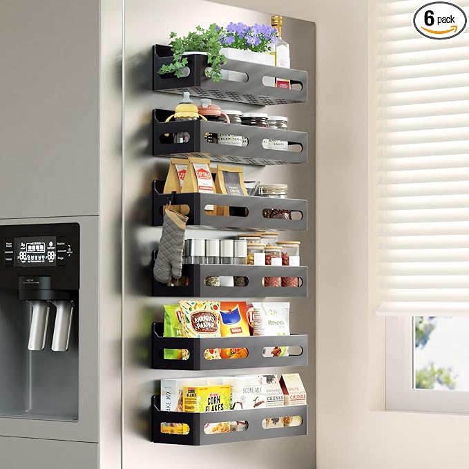 6-Pack Magnetic Spice Rack for Refrigerator with Hooks, Black | Strong multipurpose magnetic shelf for kitchen & bathroom organization. Includes 4 removable hooks for hanging items. by Sevenblue