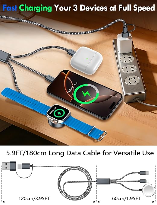 Travel Essentials for Apple Watch Charger,iPhone Charger,3 in 2 Type C/Lightning/Magnetic Travel Charging Cable,Portable Multi Charging Cable for Apple Watch, iPhone 17‑11,Samsung S26,Car,iPad-6FT - Image 6