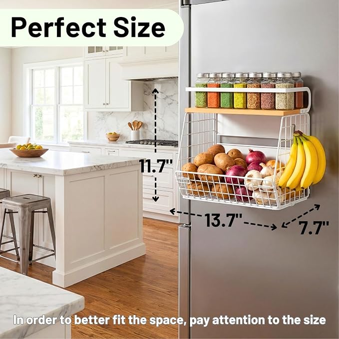 Magnetic Fridge Shelf with Wood Lid, Fruit Potato Onion Storage Bins, Pantry Organizers, Large Container Spice Rack for Refrigerator, Kitchen Counter, Cabinet (1, White) - Image 5