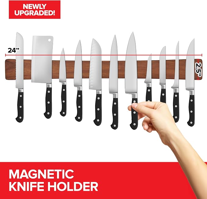 24 Inch Acacia Wood Magnetic Knife Holder with Multipurpose Use, Magnetic Knife Holders for Kitchen, Wooden Knife Rack, Magnet Strips for Knives & Metal Utensils, Tool Holder, Art Supply Organizer - Image 2