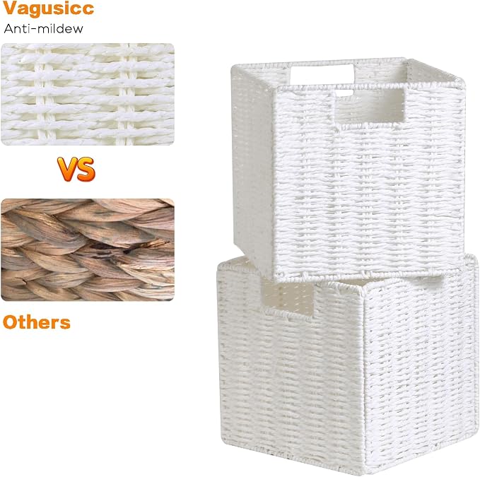 Wicker Storage Basket, Set of 2 Hand-Woven Storage Baskets for Organizing, White Foldable Cube Storage Bins Organizer, 9 x 9 Inch Square Wicker Storage Baskets for Shelves Pantry Decor - Image 6