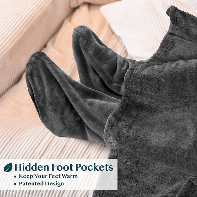 PAVILIA Fleece Blanket with Sleeves, Foot Pockets for Women Men Adults, Plush Wearable Blanket Throw Wrap, Warm Snuggle Blanket Robe, Cozy Gift Ideas Wife Mom, Dark Gray - Image 2