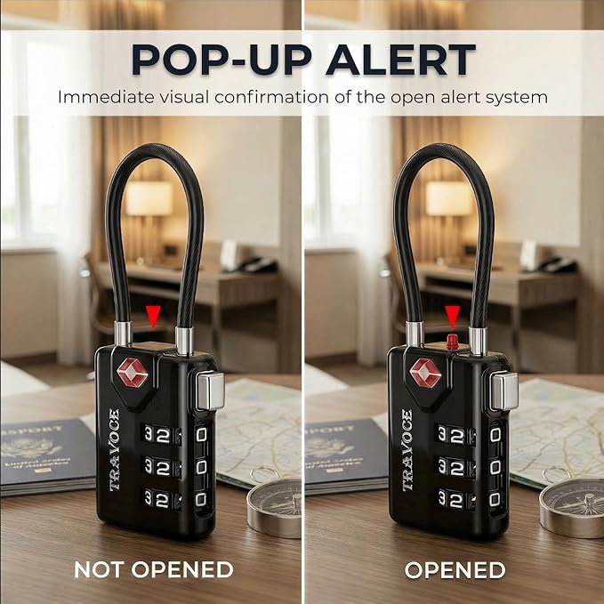 TSA Approved Luggage Locks, Combination Cable Locks,2 Pack, Black | Search Alert shows TSA key access; resettable 3-digit code and flexible braided steel cable for suitcases and backpacks. - Image 3