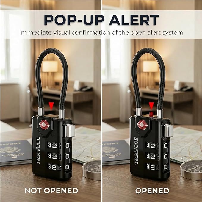 TSA Approved Luggage Locks, Combination Cable Locks, 4 Colors | Search Alert shows TSA key access; resettable 3-digit code and flexible braided steel cable for suitcases and backpacks. - Image 3