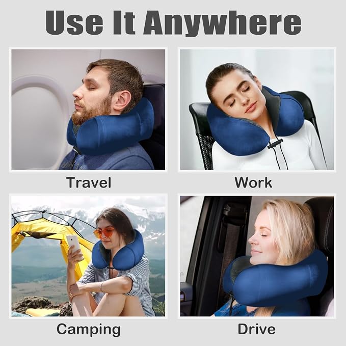 Airplane Travel Neck Pillow, 100% Memory Foam Ergonomic Neck Support, Airplanes Neck Pillow with Washable Cover Travel Essential for Flight Car & Office Includes Eye Masks, Earplugs & Carry Bag (Blue) - Image 5