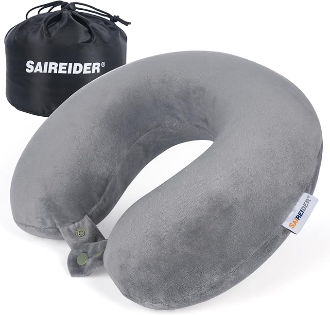 SAIREIDER Travel Pillows for Sleeping Airplane 100% Pure Memory Foam Neck Pillow for Airplanes Washable Cover with Storage Bag (Grey) by SAIREIDER