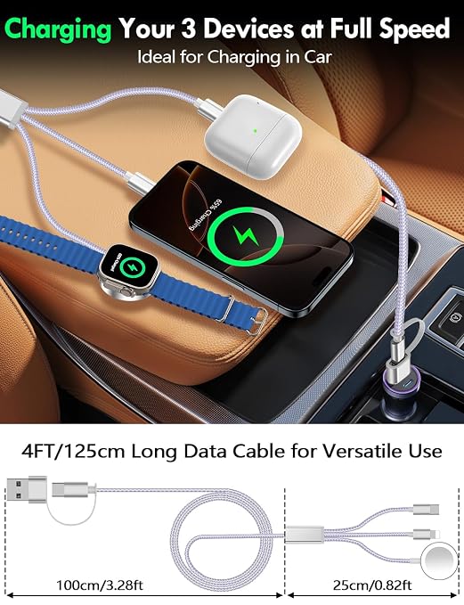 Travel Essentials for Apple Watch Charger,iPhone Charger,3 in 2 Type C/Lightning/Magnetic Travel Charging Cable,Portable Multi Charging Cable for Apple Watch, iPhone 17‑11,Samsung S26,Car,iPad-4FT - Image 7