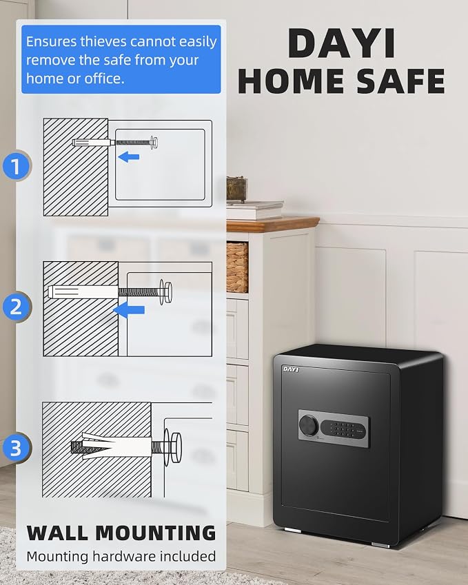 DAYI Safe Box, 2.0 Cubic Feet Home Safe with Fireproof Waterproof Bag, Security Safe Box for Money Cash Valuables, Digital Electronic Keypad, Dual Alarm System, Removable Shelf - D-45 - Image 8
