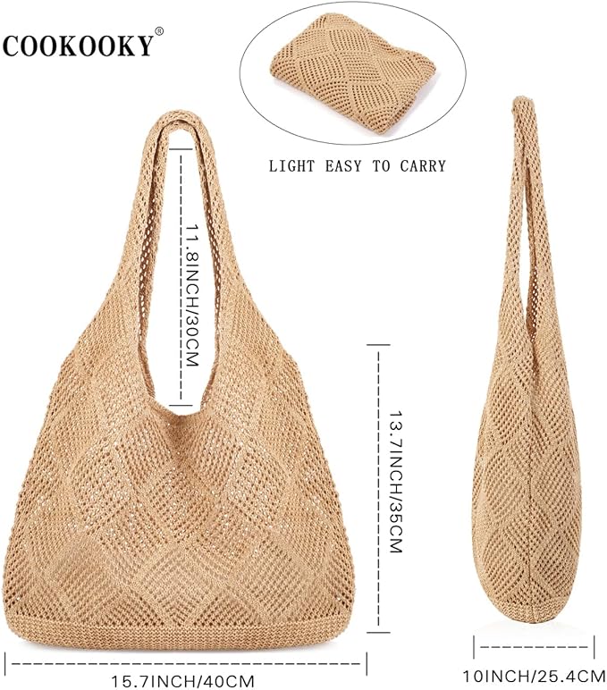 COOKOOKY Crochet Beach Tote bag Summer Beach Bag for Women Aesthetic Mesh Tote Bag Hippie Bag Knit Bag - Image 5