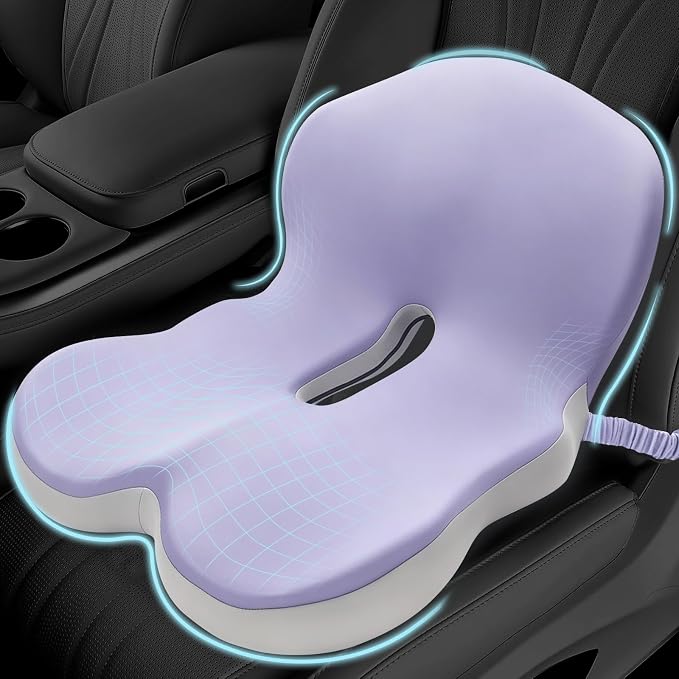 Memory Foam Seat Cushion for Sciatica & Back Pain Relief - Ergonomic Chair Pad with Adjustable Strap & Supportive Comfort Cover, Non-Slip for Car, Truck, Office Chair -Purple by MosxoedEnjoyLife