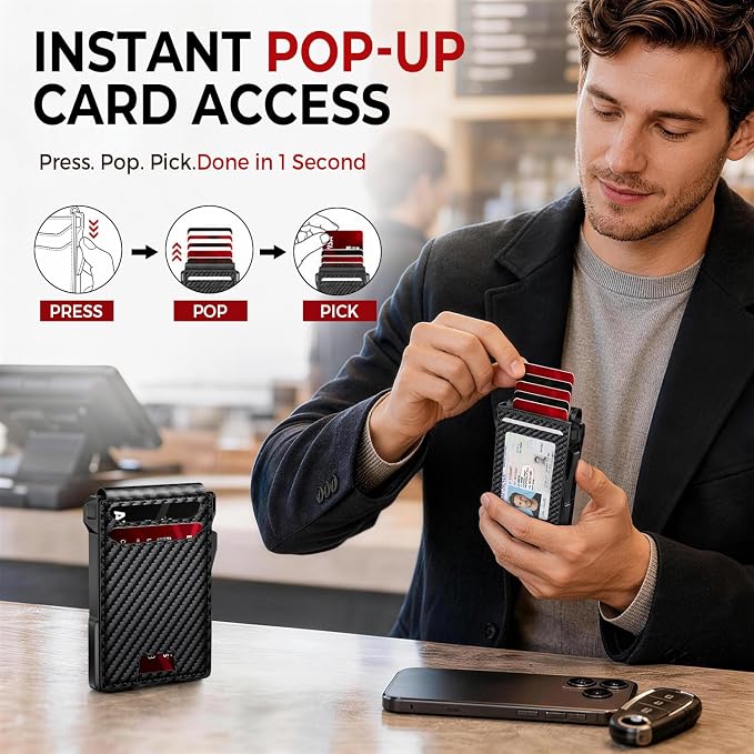 RUNBOX Wallet for Men, Mens Minimalist Wallet Holds 14 Cards, Compact Pop Up Wallet with Dual ID Windows & Money Clip, RFID Blocking Flip Up Card Holder, Metal Aluminum Credit Card Case Bifold Wallet - Image 3