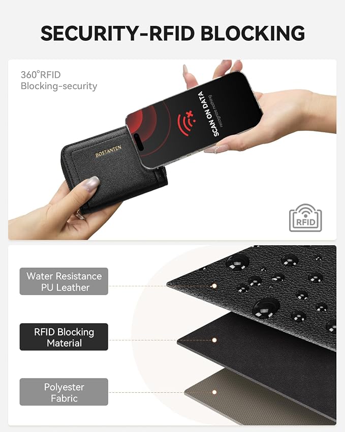 BOSTANTEN Credit Card Holder RFID Small Wallets Woman Zipper Card Wallet | Slim, Compact, Front Pocket, Accordion, Vegan Leather, Thin for Daily Use, Travel, Gifts for Women, Black - Image 5