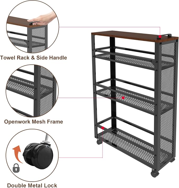 3-Tier Rolling Cart Slim - Black Laundry Bathroom Kitchen | Steel Frame, Mesh Baskets, for Small Spaces, 110 lb Capacity, 4 Wheels 2 Lockable, Utility Storage Snack Coffee Craft - Image 3