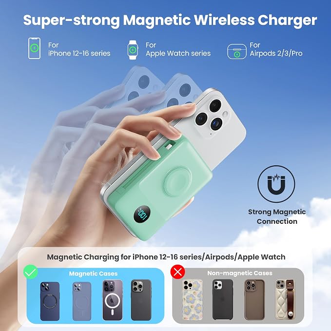 Magnetic Portable Charger 10800mAh with Built-in Cables,Wireless Power Bank for Magsafe,25W PD Fast Charging USB-C Travel Essentials Battery Pack for iPhone 17/16/15/14/13/12 Series,Apple Watch-Green - Image 5