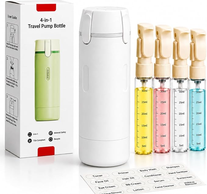 4 in 1 Travel Dispenser Bottles Shampoo Refillable Leak Proof TSA Compliant Size Containers Toiletries Toiletry with Pump Design Portable Organizer Conditioner Lotion Cream Vacation (White) by Unknown