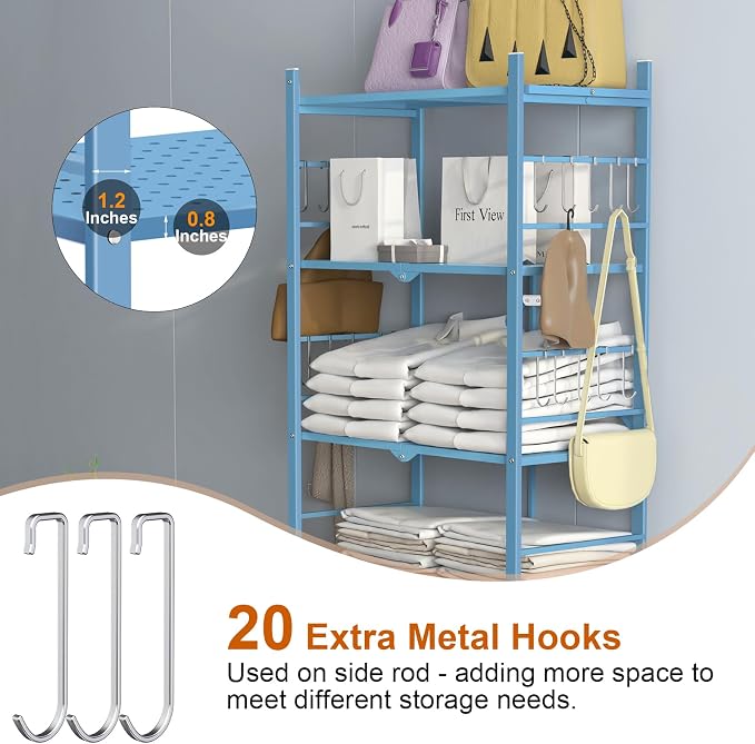 Himix 5-Tier Foldable Storage Shelves with 20 Hooks Wheels Garage Blue | Folding Standing Shelving, Metal collapsible organization, Wire shelf, No assembly, Home, Kitchen, Greenhouse, Holds 440 Ibs - Image 4
