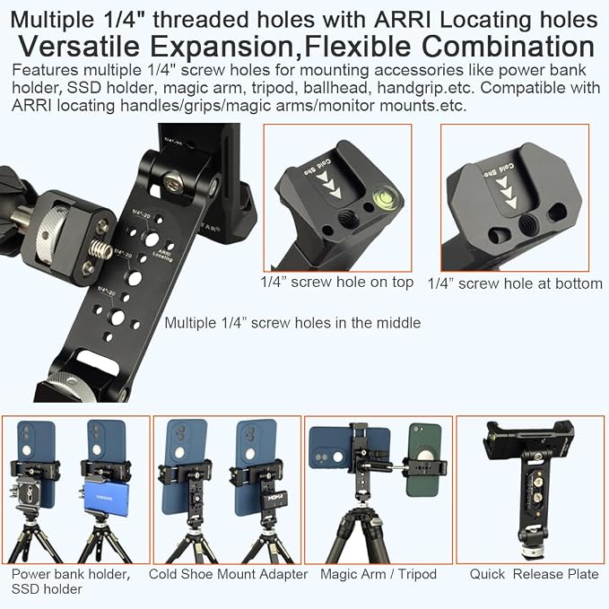Metal Phone Camera Mount Holder with 1/4” Locating Screw for ARRI, Universal Phone Tripod Mount Adapter with Cold Shoe for iphone 17/16/15, 360° Swivel 230° Tilt Tripod/Camera Phone Holder Support - Image 5