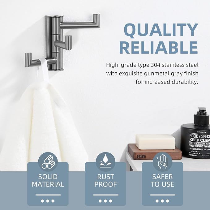 Angle Simple Swivel Hook 3 Arms, Towel Hook for Bathroom, Gunmetal Gray | SUS304 Stainless Steel, Foldable Hand Towel Holder, Compact & Heavy Duty for Shower Closet Kitchen, Screws Wall Mount - Image 5