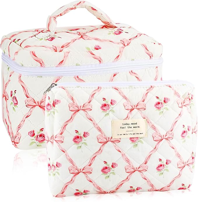 URSKYTOUS 2Pcs Cotton Quilted Makeup Bag for Women Girls Large Small Travel Floral Cosmetic Bags Set Cute Coquette Pink Makeup Pouch for Purse Aesthetic Cloth Flower Storage Toiletry Bag Organizer by URSKYTOUS
