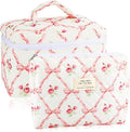 URSKYTOUS 2Pcs Cotton Quilted Makeup Bag for Women Girls Large Small Travel Floral Cosmetic Bags Set Cute Coquette Pink Makeup Pouch for Purse Aesthetic Cloth Flower Storage Toiletry Bag Organizer by URSKYTOUS
