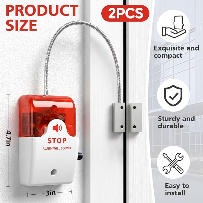 2 Pcs Exit Stopper Door Alarm with 110db Siren Emergency Door Alarms When Opened, Easy Installation Battery Powered Magnetic Sensor for Unauthorized Entry Prevent Commercial Warehouse Retail - Image 2