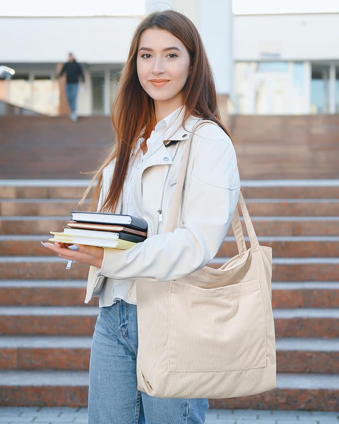 Iioscre Corduroy Tote Bag for Women,Hobo HandBags with Zipper | Large Capacity Casual Shoulder Bag with Inner Pockets for Shopping Work Daily Travel. - Image 2